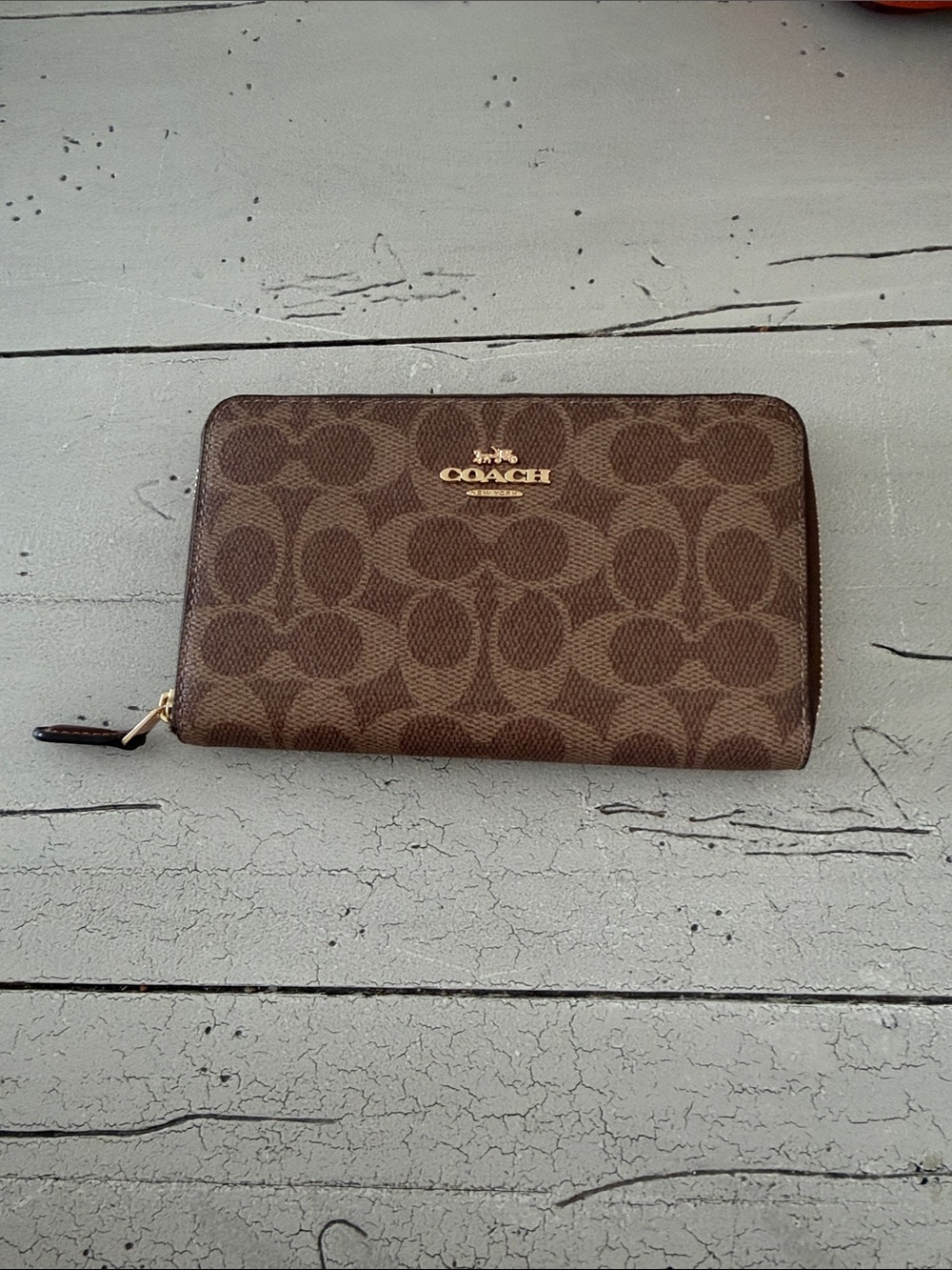 Coach Brown Signature Canvas Zip Wallet with Gold Logo